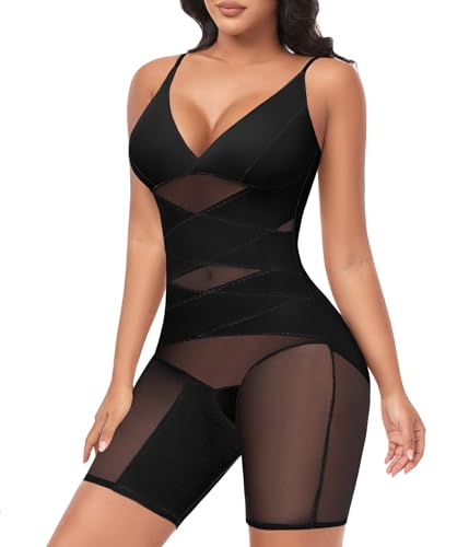 Lonya Shapewear Damen Sommer Formende Body Shaper Shorts Kontrolle des Bauches Masche Bodysuit mit Verstellbare Träger und BH-Einlagen Schwarz，L von Lonya