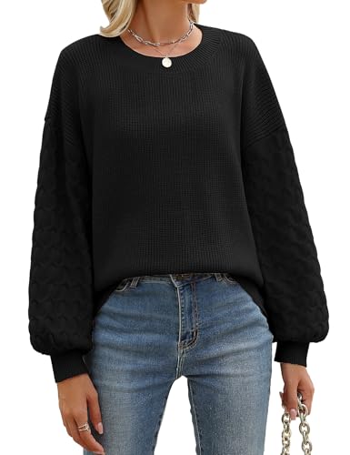 Lonya Strickpullover Damen Oversize Pullover Winter Elegant Langarm Lose Grobstrickpullover Gestrickt Rundhals Pulli Casual Warm Oberteile Tops Schwarz,L von Lonya