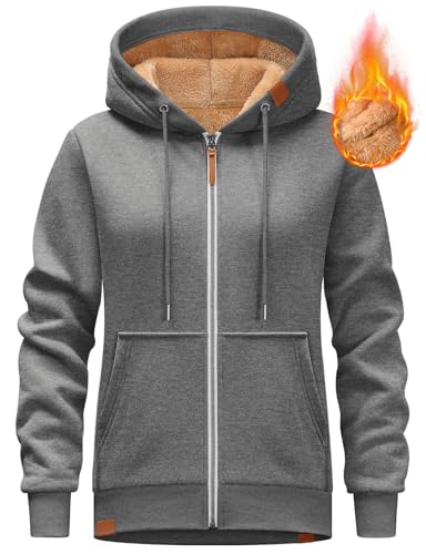 Lonya Sweatjacke Damen Zipper Hoodie Fleecejacke Kapuze Winter Sweatshirt Pullover Kapuzenjacke mit Reißverschluss Dunkelgrau,M von Lonya
