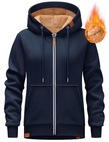 Lonya Sweatjacke Damen Zipper Hoodie Fleecejacke Kapuze Winter Sweatshirt Pullover Kapuzenjacke mit Reißverschluss Marineblau,XXL von Lonya