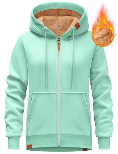 Lonya Sweatjacke Damen Zipper Hoodie Fleecejacke Kapuze Winter Sweatshirt Pullover Kapuzenjacke mit Reißverschluss Mintgrün,M von Lonya