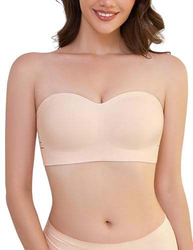 Lonya Trägerloser BH Damen Ohne Bügel Bandeau Tub Top Strapless Bra Vollschalen Seamless Große Brüste Starker Halt Helles Beige,M von Lonya