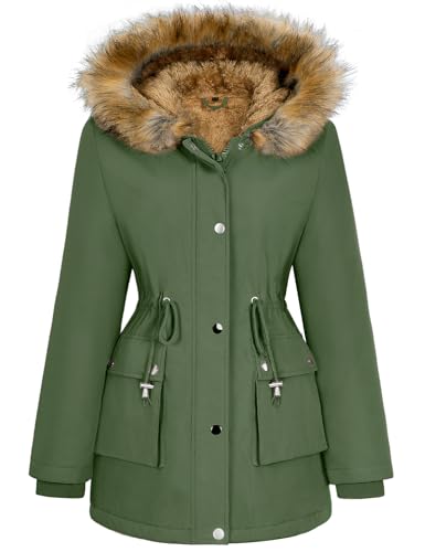 Lonya Winterjacke Damen Parka Winter Mäntel Fleecejacke Warm Mittellang Wasserabweisend Dicke Coat mit Kapuze Armeegrün,M von Lonya