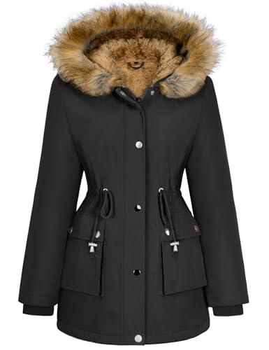 Lonya Winterjacke Damen Parka Winter Mäntel Fleecejacke Warm Mittellang Wasserabweisend Dicke Coat mit Kapuze Schwarz,M von Lonya