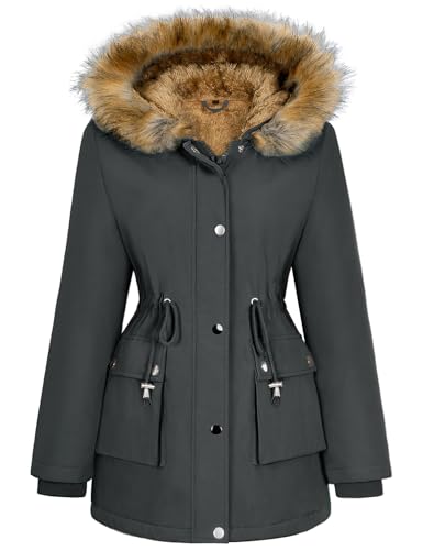 Lonya Winterjacke Damen Parka Winter Mäntel Fleecejacke Warm Mittellang Wasserdicht Dicke Coat mit Kapuze Dunkelgrau,S von Lonya