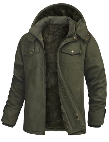 Lonya Winterjacke Herren Warm Fleece Militär Gefüttert Jacke Winterparka Winddicht Baumwolle Outdoor Cargo Übergangsjacke mit Abnehmbare Kapuze, Grün, XXL von Lonya