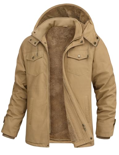 Lonya Winterjacke Herren Warm Fleece Militär Gefüttert Jacke Winterparka Winddicht Baumwolle Outdoor Cargo Übergangsjacke mit Abnehmbare Kapuze, Khaki, L von Lonya