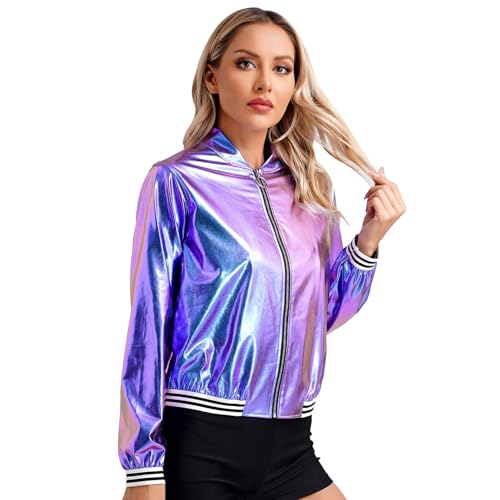 Loodgao Damen Disco Kostüm 80er Jahre Trainingsanzug Metallische Jacke Retro-Style Trainingsjacke Sportjacke Bad Taste Karneval Mottoparty Outfits Blau M von Loodgao