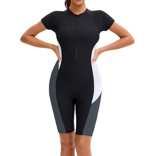 Loodgao Damen Kurzarm Einteiler Badeanzug Sportlich Schwimmanzug mit Reißverschluss UV Schutz Schnelltrockend Jumpsuit Overall Surfen Schnorcheln Tauchen Outfits Schwarz Grau M von Loodgao