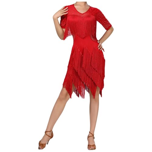Loodgao Damen Latein Kleider Kurzarm Rundhals Tango Tanzkleider Glitzer Mesh Patchwork Fransenkleider Unregelmäßig Cha Cha Rumba Samba Outfits gr. M-XL Rot M von Loodgao