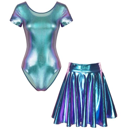 Loodgao Damen Metallic Body Kurzarm Rundhals Ballett Tanz Gymnastik Turn Anzug Trikot mit Glänzend Skater Glocken Swing Eiskunstlauf Rock Blau S von Loodgao