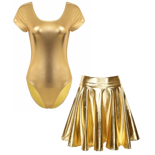 Loodgao Damen Metallic Body Kurzarm Rundhals Ballett Tanz Gymnastik Turn Anzug Trikot mit Glänzend Skater Glocken Swing Eiskunstlauf Rock Gold XL von Loodgao