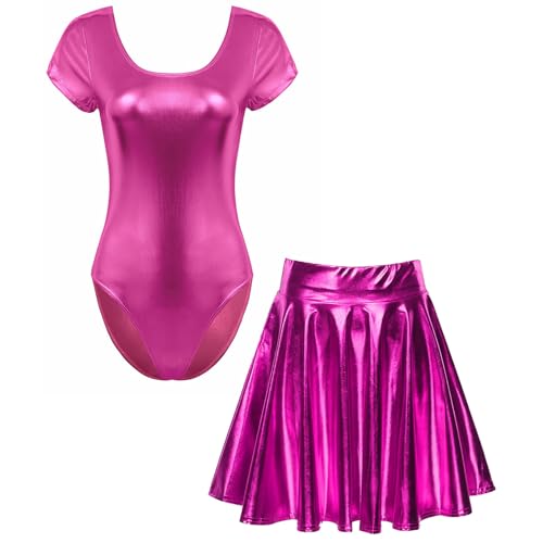 Loodgao Damen Metallic Body Kurzarm Rundhals Ballett Tanz Gymnastik Turn Anzug Trikot mit Glänzend Skater Glocken Swing Eiskunstlauf Rock Hot Pink XL von Loodgao