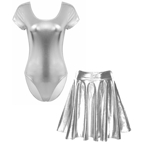 Loodgao Damen Metallic Body Kurzarm Rundhals Ballett Tanz Gymnastik Turn Anzug Trikot mit Glänzend Skater Glocken Swing Eiskunstlauf Rock Silber M von Loodgao