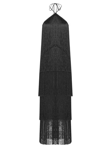 Loodgao Damen Neckholder Fransenkleider Midi Lang Quaste Partykleider Ärmellose Swingkleider Flapper Outfits Tanzbekleidung Schwarz XL von Loodgao