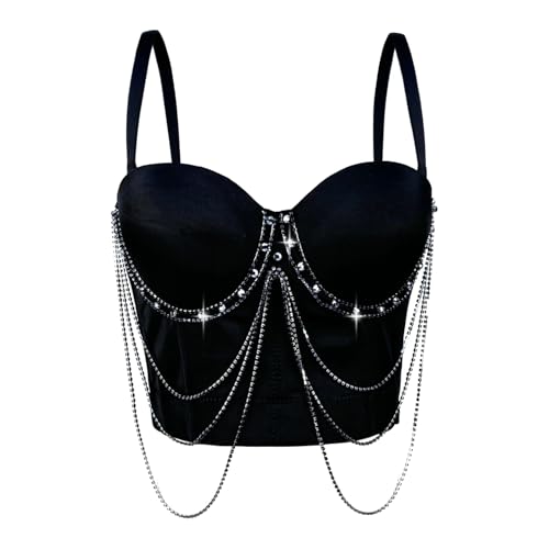 Loodgao Damen Push up Bustier Spaghetti Crop Top Kurz Bauchfrei Corsage mit Kette Anhänger Shapewear Hochzeit Party Unterwäsche Braut Dessous Schwarz XS von Loodgao