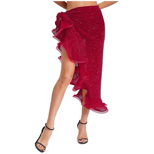 Loodgao Damen Unregelmäßig Rock mit Volants Schlitz + Mesh Unterhose Boxershorts Latein Samba Salsa Walzer Tango Kostüm Unterrock Dancewear Burgundy Einheitsgröße von Loodgao