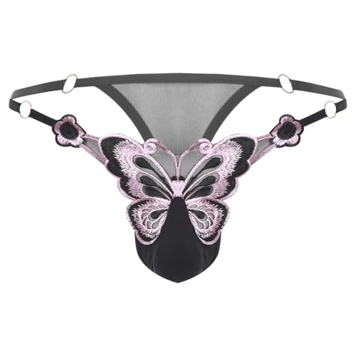 Loodgao Herren Schmetterling String Tanga Spitzen Unterhosen Micro Mini Bikini Slip Briefs Low Rise Bikinihose Durchsichtig Dessous Pants mit Bulge Beutel Elegant Schlüpfer Schwarz XL von Loodgao
