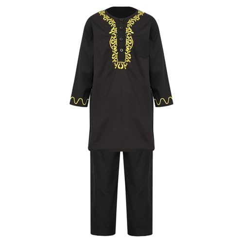 Loodgao Jungen Muslimische Kleidung Set Naher Osten Jugendliche Kinder Kaftan Besticktes Oberteil mit Lange Hose Loose Fit Hosenanzug Arabischer Prinz Outfits Schwarz 158-164 von Loodgao