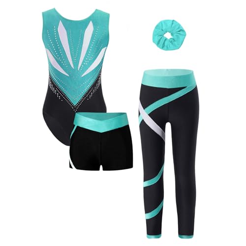 Loodgao Mädchen Ärmellos Turnanzug Streifen Gymnastik Trikot mit Kurze Hose und Lange Leggings Haargummi Eiskunstlauf Kleidung Set Dancewear Blau Grün 134-140 von Loodgao