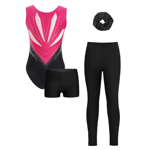 Loodgao Mädchen Ärmellos Turnanzug Streifen Gymnastik Trikot mit Kurze Hose und Lange Leggings Haargummi Eiskunstlauf Kleidung Set Dancewear Hot Pink & Schwarz 170 von Loodgao