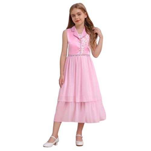 Loodgao Mädchen Glänzend Pailletten Kleider Elegant Trägerkleider Unregelmäßiges Partykleider mit Ärmellose Satin Weste Geknöpftes Crop Top Hemd Oberteil Hochzeit Festzug Outfits Rosa 170 von Loodgao