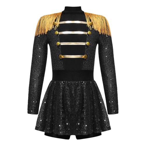 Loodgao Mädchen Glänzend Zirkus Kleid Langarm Pailletten Tanzkleider mit Shorts Faltenrock Zirkusdirektor Uniformen mit Goldene Knöpfe Fransen Schulterstücke Schwarz 146-152 von Loodgao