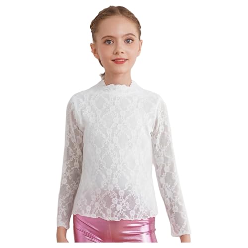 Loodgao Mädchen Langarm Lace Tshirt Durchsichtig Mesh Shirts Kinder Einfarbig Rundhals Oberteil Blumenmädchen Hochzeit Geburtstag Elegant Top Weiß 134-140 von Loodgao