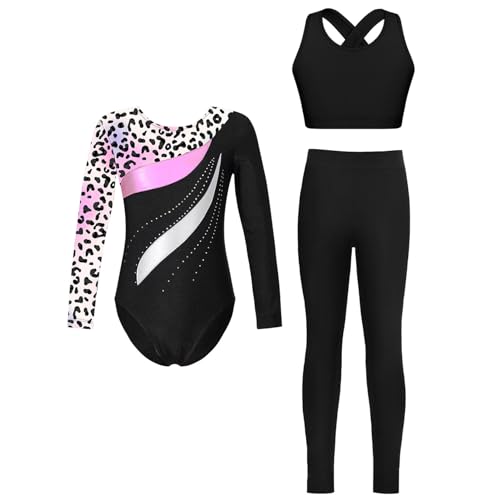 Loodgao Mädchen Langarm Turnanzug Streifen Gymnastikanzug mit Crop Top und Lange Hose Sport Leggings 3 Teillig Tanzbekleidung Leopard bunt 134-140 von Loodgao