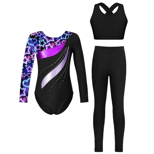 Loodgao Mädchen Langarm Turnanzug Streifen Gymnastikanzug mit Crop Top und Lange Hose Sport Leggings 3 Teillig Tanzbekleidung Sternenhimmel Schwarz 134-140 von Loodgao