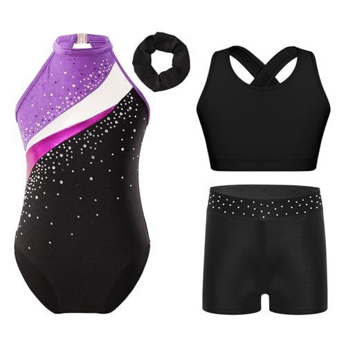 Loodgao Mädchen Neckholder Turnanzug Streifen Tanzbody Glitzer Leotard mit Tank Top und Shorts Haargummi 4 Pcs Tanzbekleidung Sportswear Violett 158-164 von Loodgao