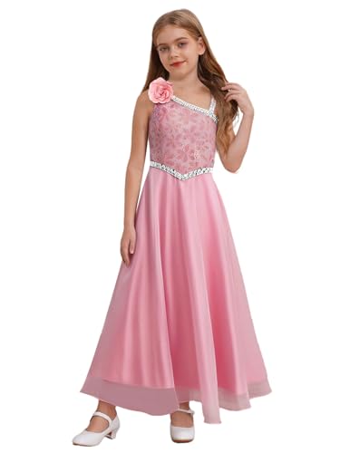 Loodgao Mädchen Prinzessin Kleider One Shoulder Partykleider Lace Pailletten Abendkleider Lange Abschlussball Ballkleider Sommer Geburtstag Taufe Kommunion Outfits Rosa 158-164 von Loodgao