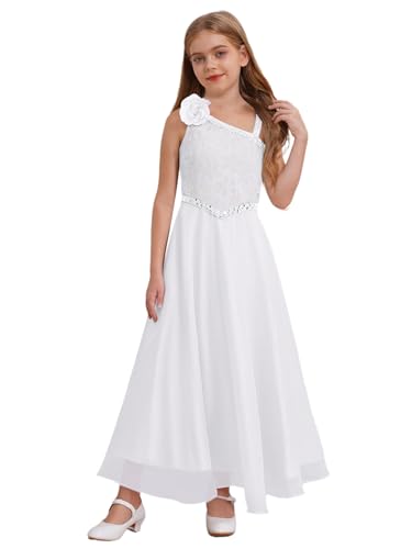 Loodgao Mädchen Prinzessin Kleider One Shoulder Partykleider Lace Pailletten Abendkleider Lange Abschlussball Ballkleider Sommer Geburtstag Taufe Kommunion Outfits Weiß 158-164 von Loodgao