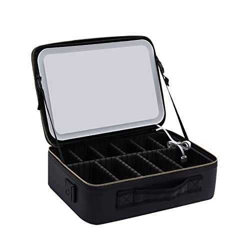 Reise-Make-Up-Tasche,Make-Up Tasche Mit Spiegel,Kosmetiktasche Mit GroßEm,3 Farben Led Licht,Kulturbeutel-Organizer Mit Kosmetikspiegel FüR Unterwegs (Schwarz) von Loohacp