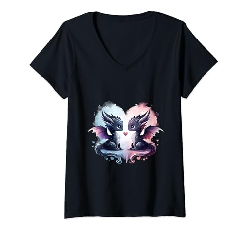 Damen Mythische Liebe. Liebenswertes Paar von Drachen, die ein Herz bilden T-Shirt mit V-Ausschnitt Damen Mythische Liebe. Liebenswertes Paar von Drachen, die ein Herz bilden T-Shirt mit V-Ausschnitt von Look by Lau
