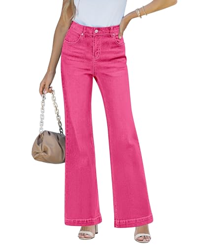 LookbookStore 2023 Jeans für Frauen Hohe Taille Baggy Weites Bein Jeans Stretchy Denim Hosen Y2K, magenta pink, S von LookbookStore