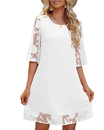 LookbookStore 3/4-Ärmel Kleid für Damen Shift Cute Sommer Tunika Floral Spitze Kleider, Weiß glänzend, Groß von LookbookStore