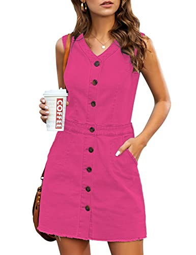 LookbookStore Ärmelloses Damenkleid mit V-Ausschnitt, Knopfleiste, ausgefranster Saum, kurzes Denim-Kleid, Knallpink (Hot Pink), X-Groß von LookbookStore