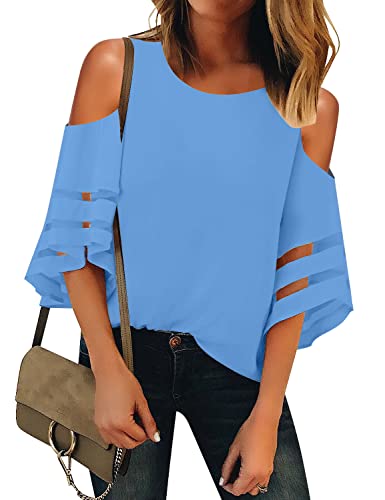 LookbookStore Damen Cold Shoulder Loose Shirt Tops 3/4 Bell Mesh Sleeve Bluse, Blau (Azure Blue), Mittel von LookbookStore