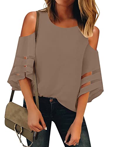 LookbookStore Damen Cold Shoulder Loose Shirt Tops 3/4 Bell Mesh Sleeve Bluse, Braun, X-Groß von LookbookStore