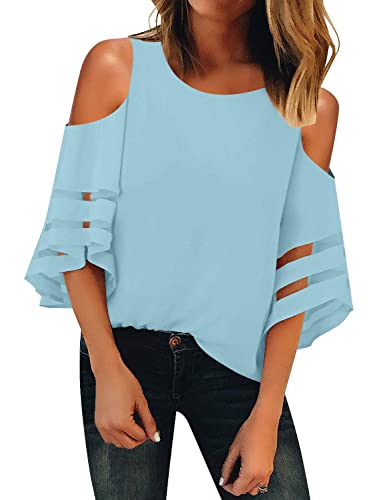 LookbookStore Damen Cold Shoulder Loose Shirt Tops 3/4 Bell Mesh Sleeve Bluse - Blau - XX-Large von LookbookStore