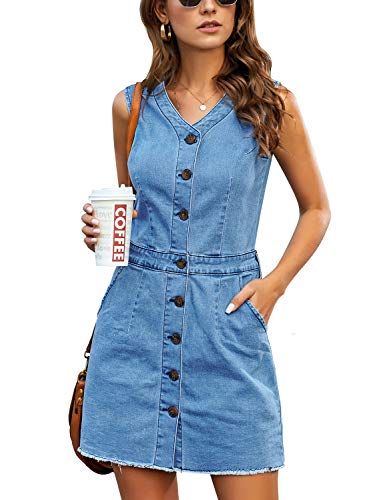 LookbookStore Damen Denim-Kleid, ärmellos, V-Ausschnitt, Knopfleiste - Blau - Klein von LookbookStore