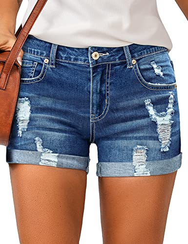 LookbookStore Damen Jeans mit hoher Taille, gerollter Saum, Used-Look, zerrissene Denim-Shorts, 1 x Jeansblau, Groß von LookbookStore