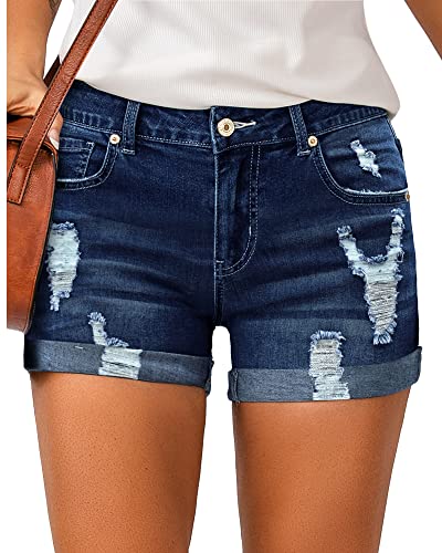 LookbookStore Damen Mid Rise Rolled Hem Distressed Jeans Ripped Denim Shorts - Blau - Groß von LookbookStore