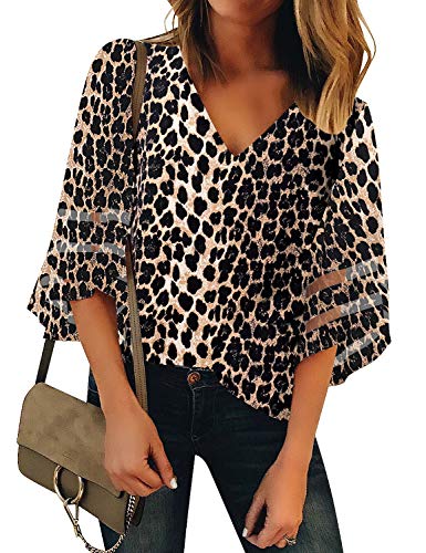 LookbookStore Damen V-Ausschnitt Shirt Bedrucktes Top 3/4 Glockenärmel Mesh Panel Bluse, Leoparden-Print, 3X-Groß von LookbookStore