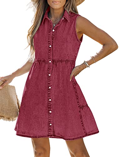 LookbookStore Denim-Kleid für Damen, ärmellos, Babydoll, Knopfleiste, kurze Jeans-Kleider, süßer Sommer, Barockrose, Klein von LookbookStore