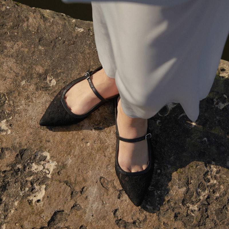 Schwarze Spitze Mesh Ballerinas, Slingback-Fischnetz-Ballettschuhe Mit Geschlossener Spitze, Slip-On-Frauen-Flache Schuhe Fußgewölberiemen, Offener von LookieAtelier