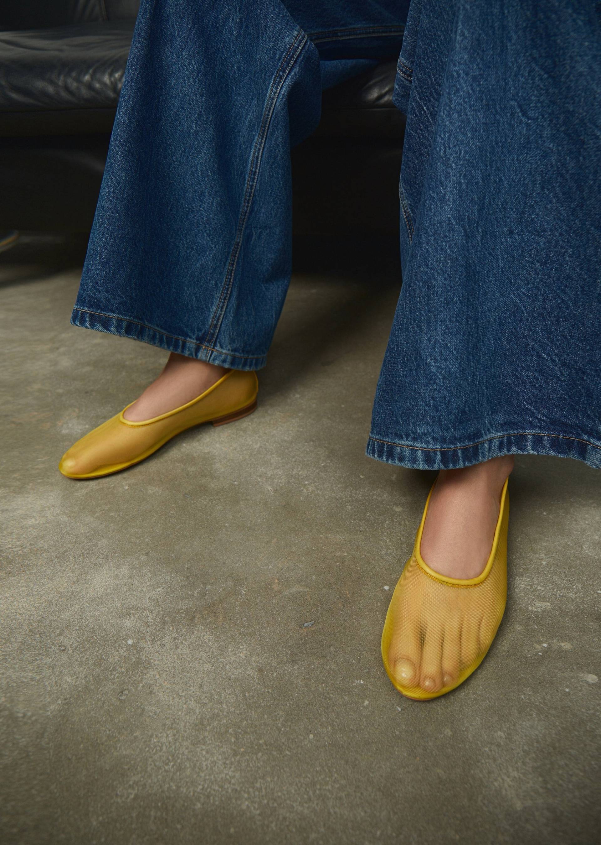 Gelbe, Weiche Mesh-Ballerinas Mit Mandelgeschlossener Kappe Und Einlegesohle Aus Echtem Leder, Fischnetz-Ballettschuhe, Flache Schuhe Für Frauen von LookieAtelier