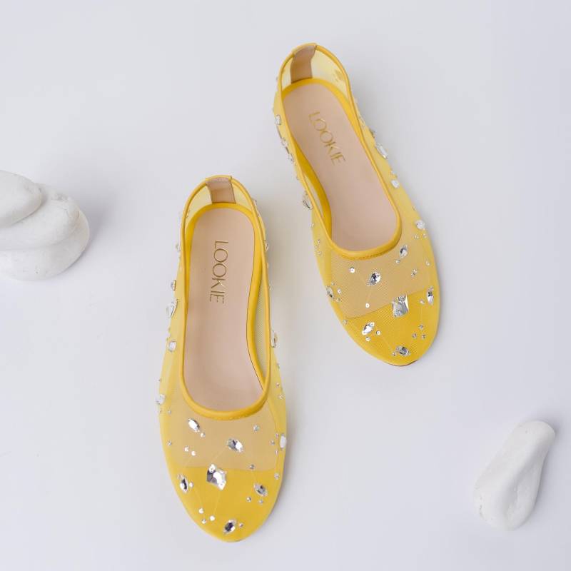 Gelbe Mesh Ballerinas Mit Strassstickerei Und Almond Toe, Fischnetz Ballettschuhe Einlegesohle Aus Echtem Leder, Slip On Women Flache Schuhe von LookieAtelier