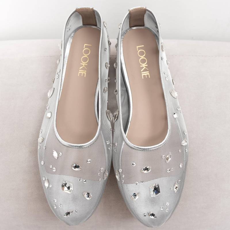 Silber Mesh Ballerinas Mit Strass Stickerei Und Almond Toe, Fischnetz Ballettschuhe Einlegesohle Aus Echtem Leder, Slip On Women Flache Schuhe von LookieAtelier